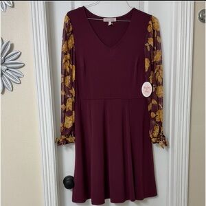 Harlow & Rose 3/4 sheer sleeve botanical floral burgundy dress size L